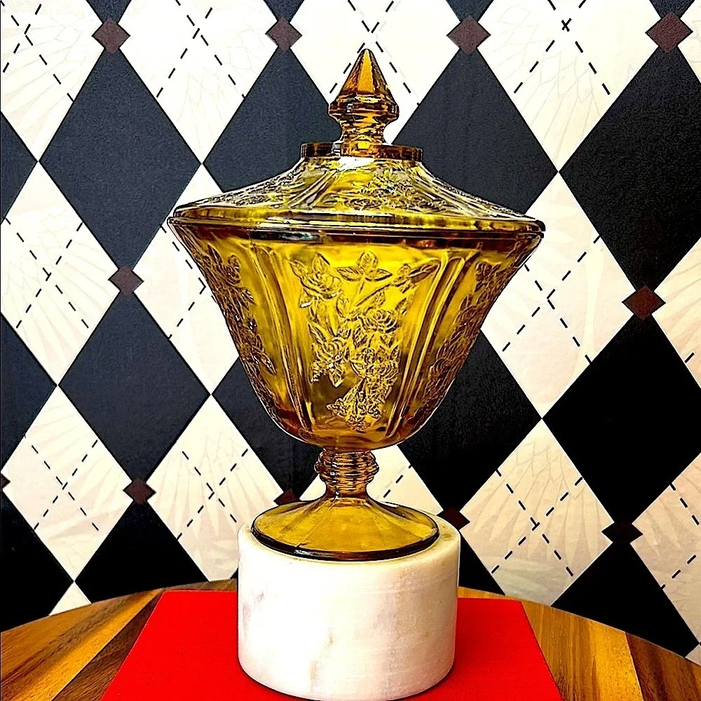 Vintage Federal Glass “Cabbage Rose” Amber Lidded Jar – Depression Glass Style - Picture 11 of 12